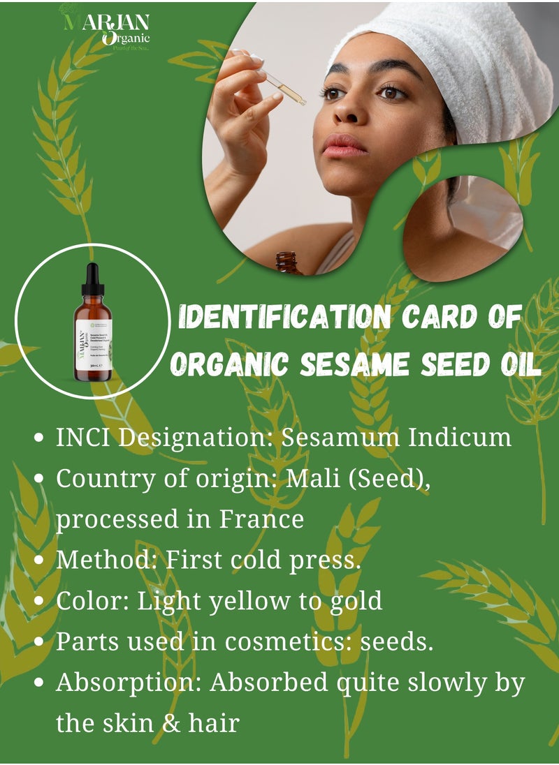 MARJAN ORGANIC - Sesame Seed Oil 20ml - 100% Organic cold pressed - 100% Virgin - For Essential Oil Mixing - Deeply moisturizing - Anti-ageing - Carrier Oil for Face, Skin, Body, Hair, Massage, Nails. - Image 1