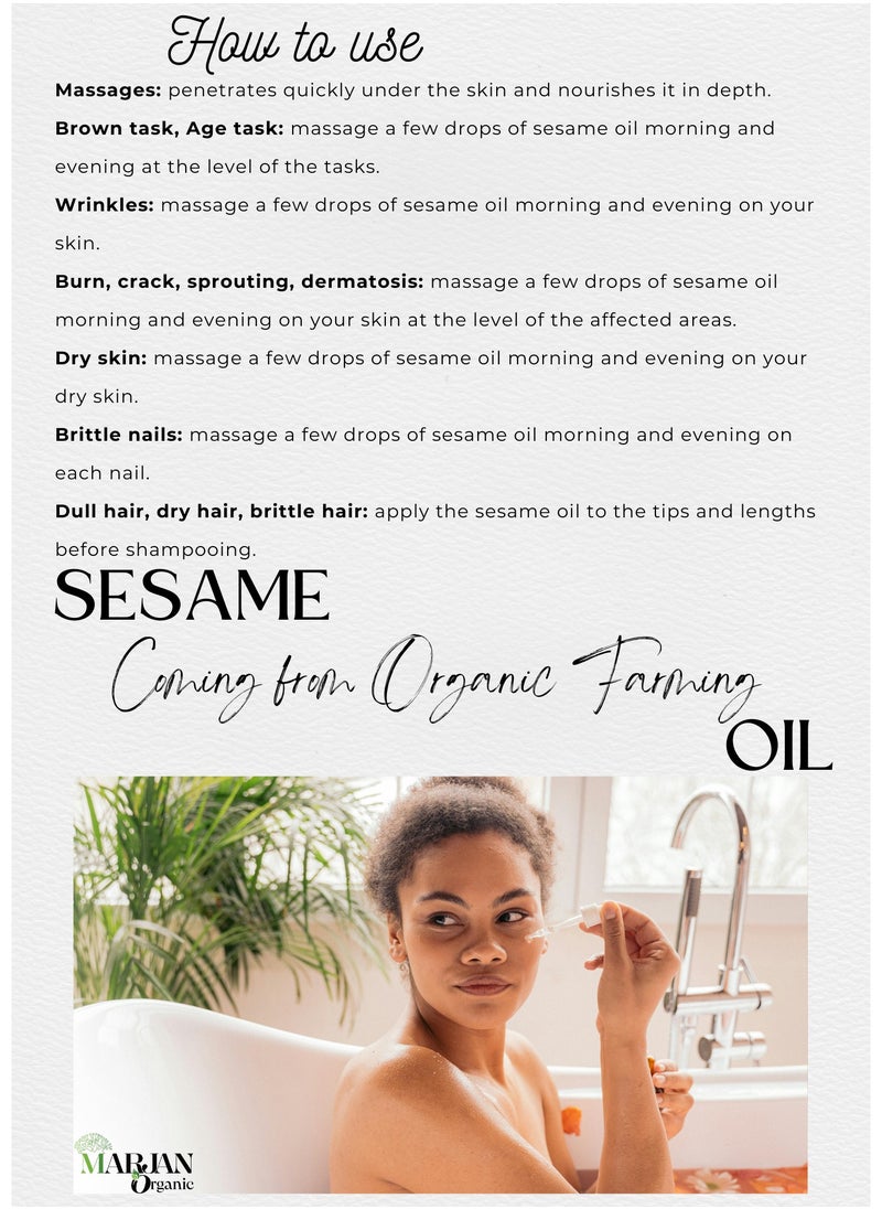 MARJAN ORGANIC - Sesame Seed Oil 20ml - 100% Organic cold pressed - 100% Virgin - For Essential Oil Mixing - Deeply moisturizing - Anti-ageing - Carrier Oil for Face, Skin, Body, Hair, Massage, Nails. - Image 1