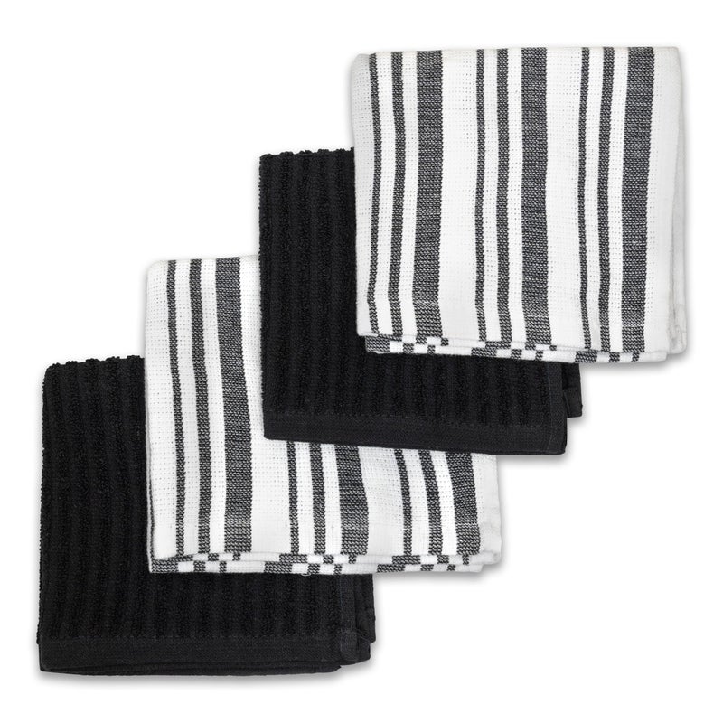 Frigidaire Claire 100% Cotton Dish Clothes,12" x 12", Solid and Stripe Print, Machine Washable, Black,4-Pack - Image 1
