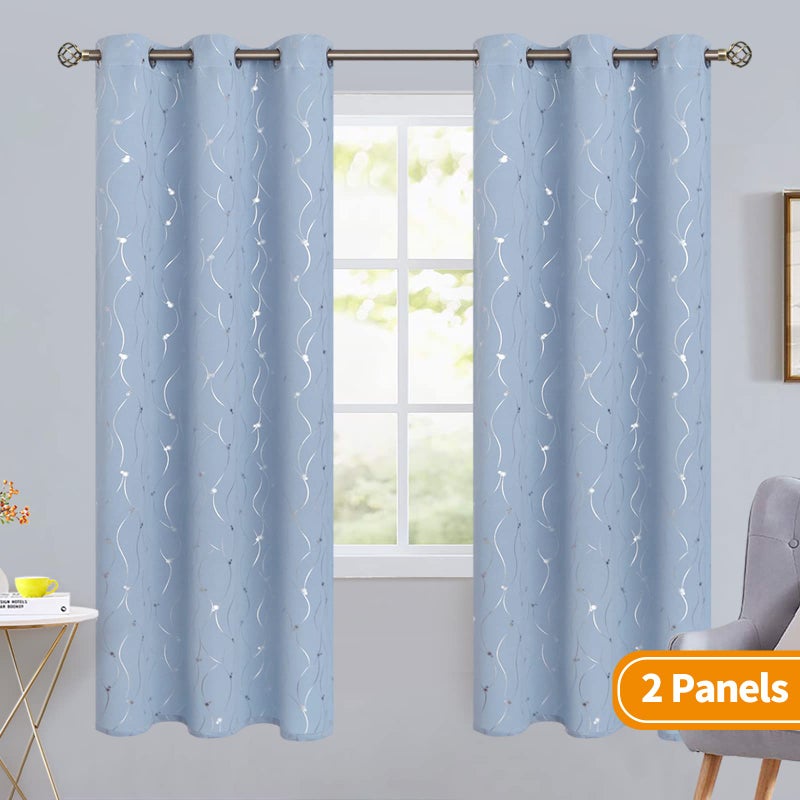 BGment Bgress غرفة الستائر الستائر 72 بوصة طويلة جروميت الستائر تعتيم معزولة حرارية مع خط الموجة ونقاط مطبوعة لغرفة النوم 2 لوحات كل 42 × 72 بوصة أزرق فاتح - Image 2