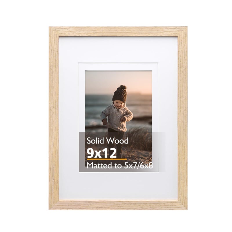 KINLINK 9x12 Picture Frame Natural Solid Wood Frame with Acrylic Plexiglass for Pictures 5x76x8 with Mat or 9x12 without Mat Tabletop and Wall Mounting Display Photo Frame 1 Pack