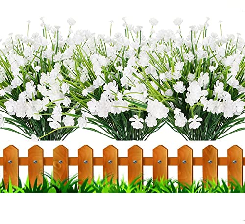 HBell 12Pcs Artificial Flowers Outdoor Decorations Greenery Shrubs Plants Artificial Plastic Flowers UV Resistant No Fade Fake Flowers Indoor Outside Hanging Plants Home Garden Porch Decor white