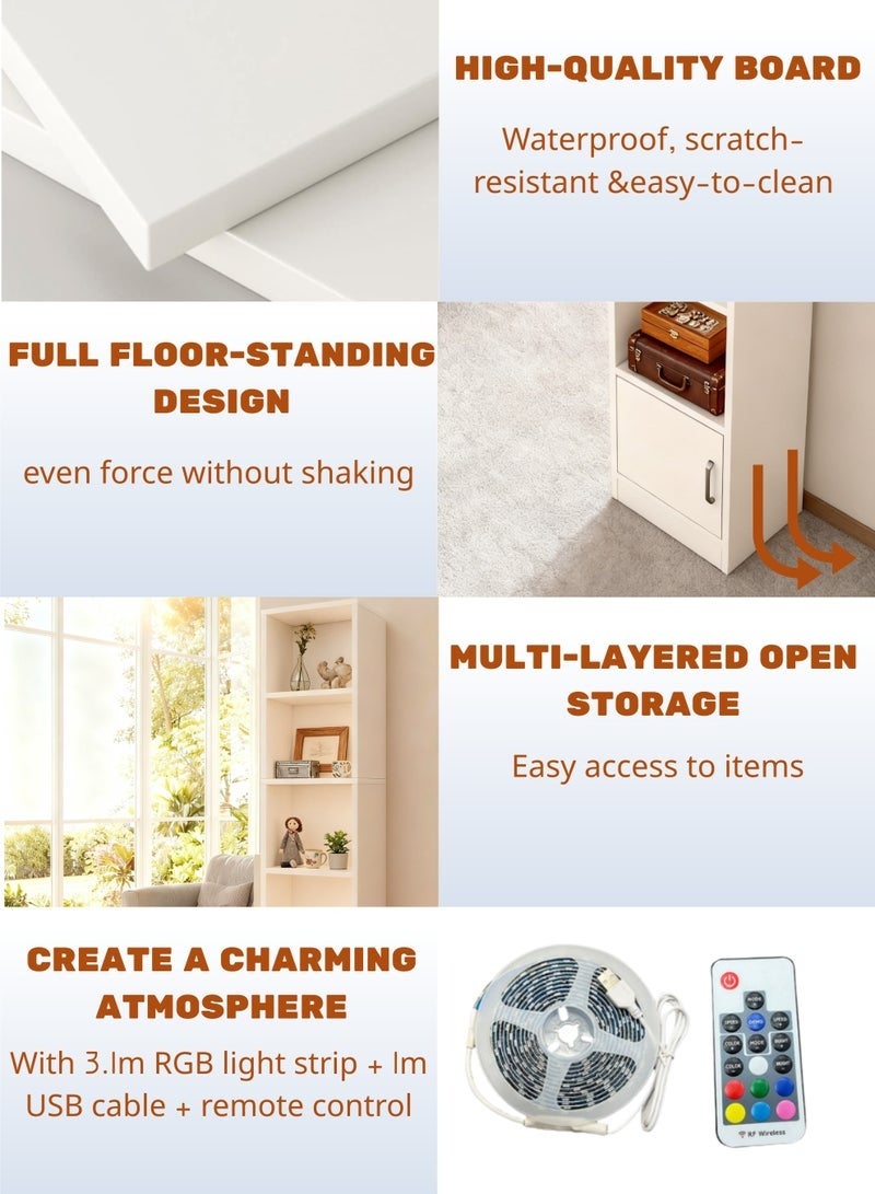 خزانة تخزين، رف قائم على الأرض مع إضاءة محيطة RGB، شاشة متعددة الوظائف ورف تنظيم، مناسب للمساحات الصغيرة والمكاتب وغرف النوم والحمامات والمطابخ وغرف الطعام وغرف الغسيل (أبيض، SGG035) - Image 5