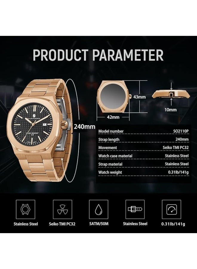Sapphero Watch for Men Stainless Steel Mens Watches Waterproof Analog Quartz Movement Wrist Watch Gifts for Men - Image 5