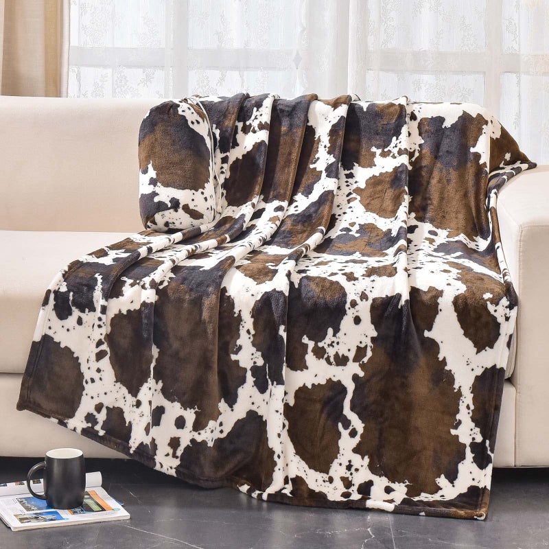 Bnuitland Bnuitland Brown Cow Print Flannel Blanket (50x70 Inches) with Cow storage pouch 300 GSM Double Sided Super Soft Cozy Fleece Outdoor Lap Bed Throw Gift for Adults and Kids Lightweight Fuzzy Home Decor  - Image 1