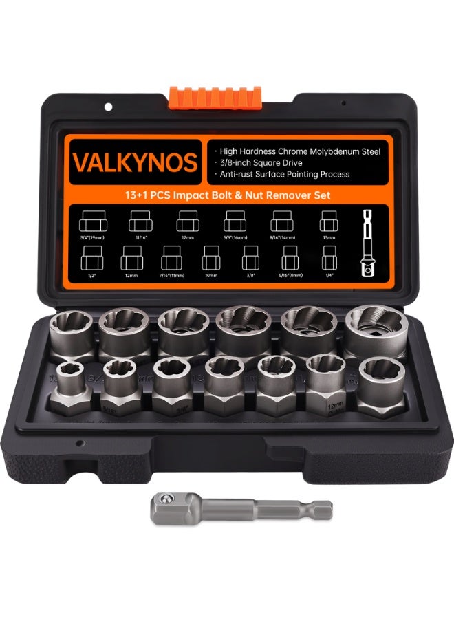 VALKYNOS Impact Bolt & Nut Remover Set, 13+1 Pieces Bolt Extractor Tool Set with Solid Storage Case - Image 1
