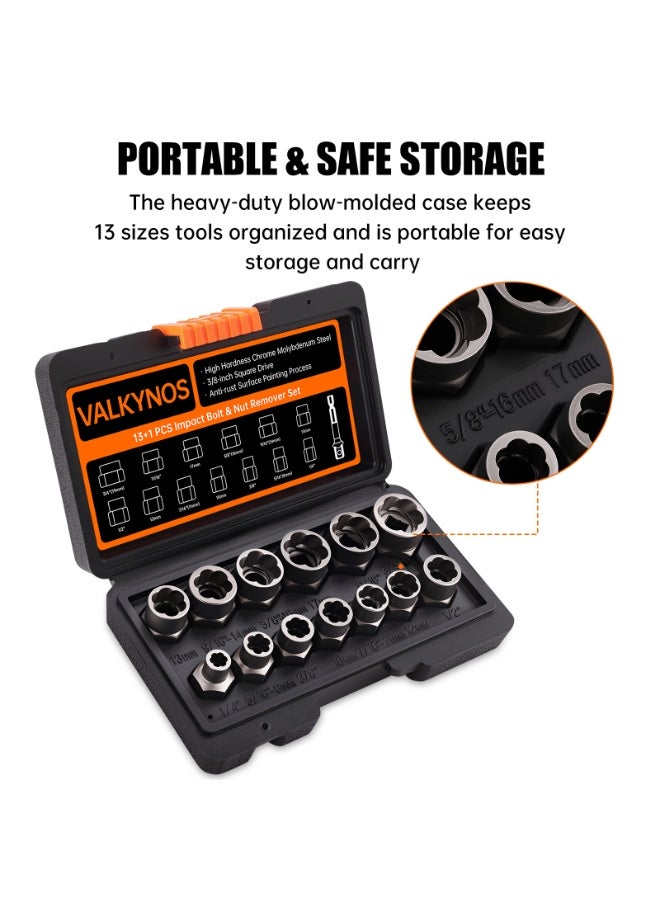 VALKYNOS Impact Bolt & Nut Remover Set, 13+1 Pieces Bolt Extractor Tool Set with Solid Storage Case - Image 5