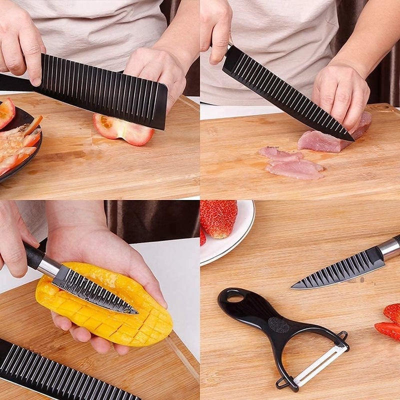 FLORISCA 6 Pcs Kitchen Knife Set with CoversHigh Carbon Stainless Steel Black Colour Coated Chef KnifeUtility Knife Chefs Knife with NonSlip Handle for Home - Image 3