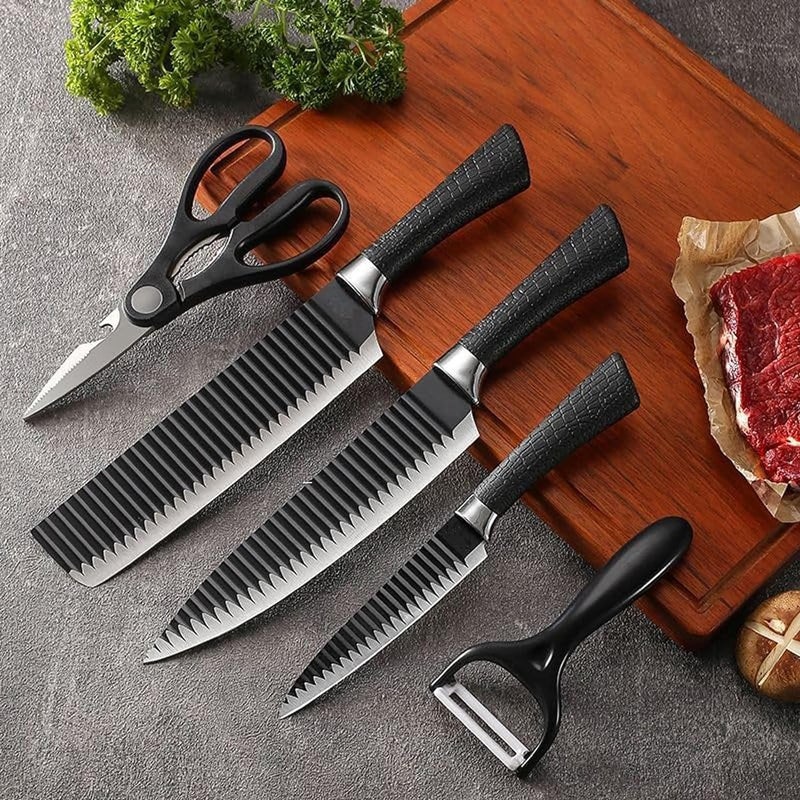 FLORISCA 6 Pcs Kitchen Knife Set with CoversHigh Carbon Stainless Steel Black Colour Coated Chef KnifeUtility Knife Chefs Knife with NonSlip Handle for Home - Image 2