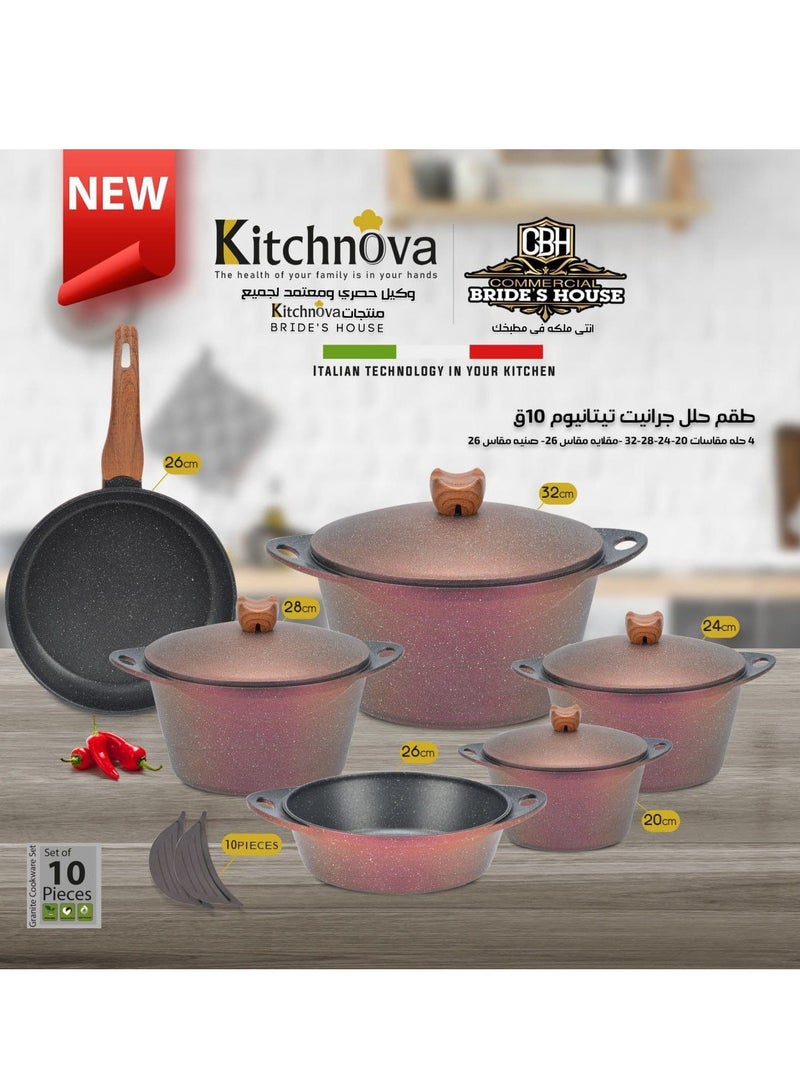 Kitchnova 10 Piece Kitchennova Granite Set Round Die Cast 4 Pots (20 – 24 – 28 – 32) + Frying Pan 26 + Tray 26-Red