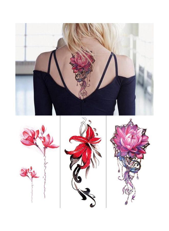 NIBEMINENT 3-Piece Floral Patterned Temporary Tattoo Stickers Red/Pink/Black - Image 1