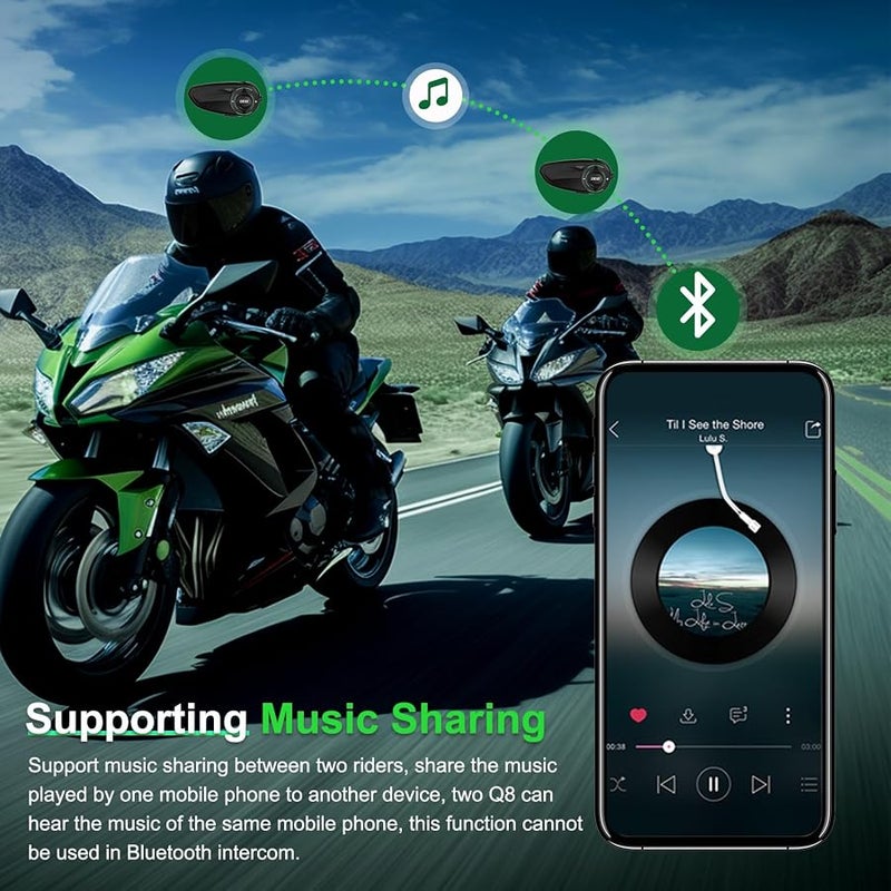 EJEAS Motorcycle Bluetooth Headset Q8 1pc, Upgraded Mesh 3.0 Intercom System with Music Sharing and IP67 Waterproof for 6 Racers Talking Pilots - Image 5