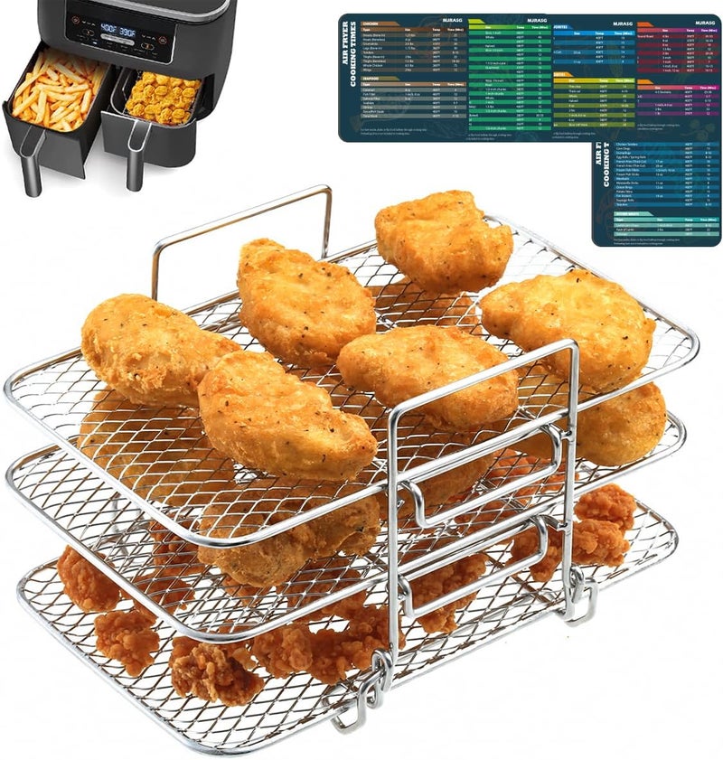 MJRASG رف المقلاة الهوائية لـ Ninja Dual Air Fryer مع ورقة الغش المغناطيسية للمقلاة الهوائية، ملحقات المقلاة الهوائية لـ Ninja Foodi، رف تجفيف متعدد الطبقات قابل للتكديس من الفولاذ المقاوم للصدأ 304، رف المقلاة الهوائية للفرن - Image 1