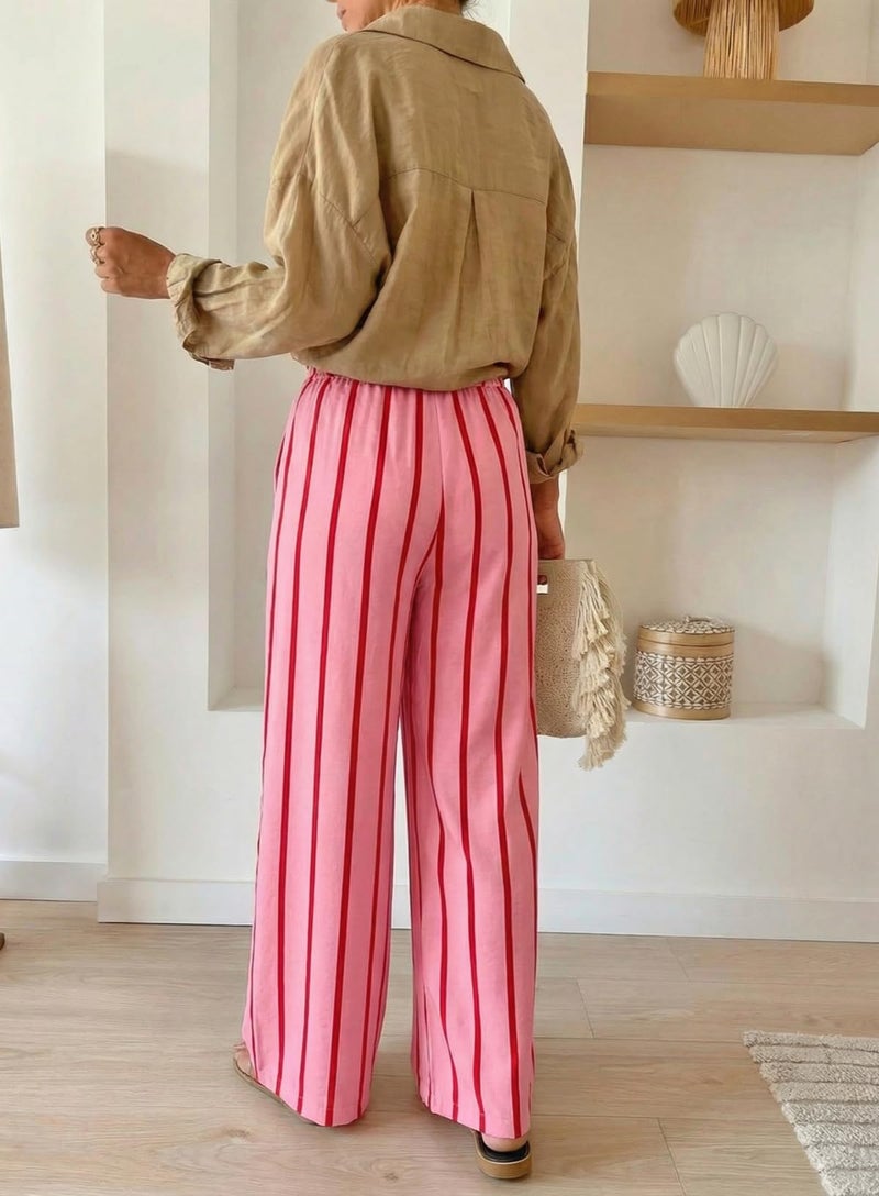 Acelitt Women Casual Striped Wide Leg Pants Drawstring Elastic High Waisted 2026 Summer Fashion Beach Pants Trousers with Pockets Rose Small - Image 5