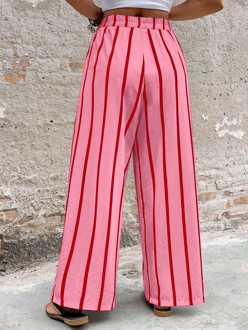 Acelitt Women Casual Striped Wide Leg Pants Drawstring Elastic High Waisted 2026 Summer Fashion Beach Pants Trousers with Pockets Rose Small - Image 3
