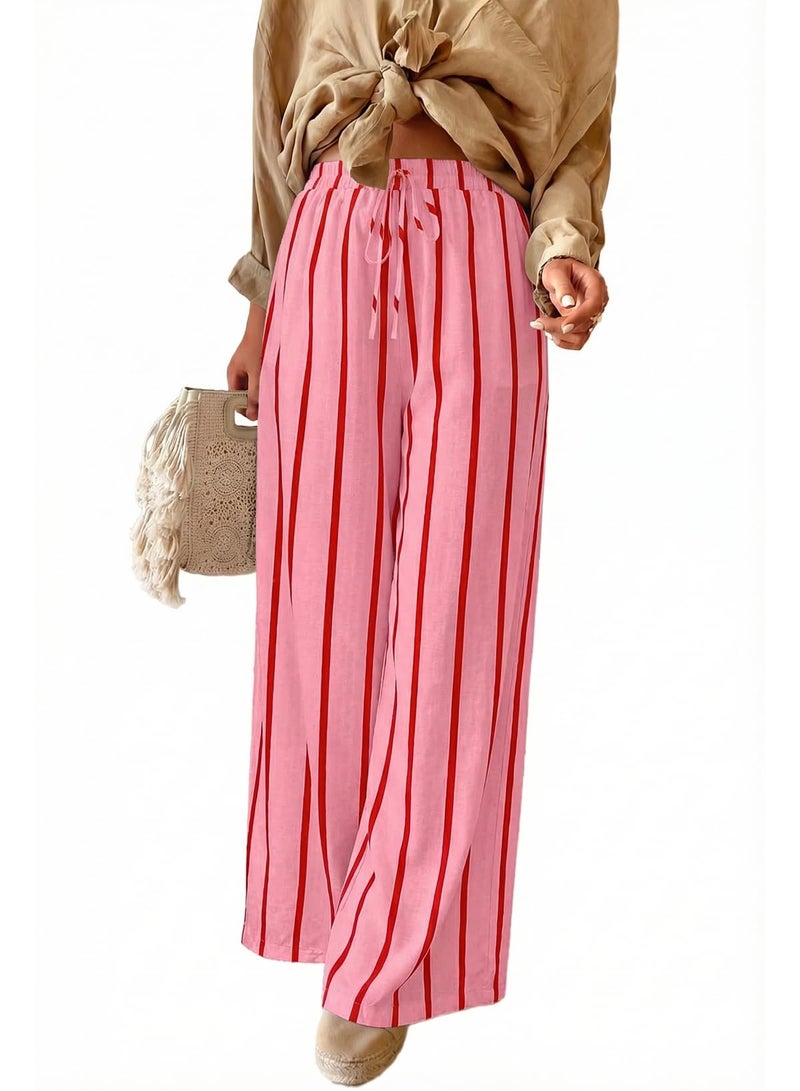 Acelitt Women Casual Striped Wide Leg Pants Drawstring Elastic High Waisted 2026 Summer Fashion Beach Pants Trousers with Pockets Rose Small - Image 1