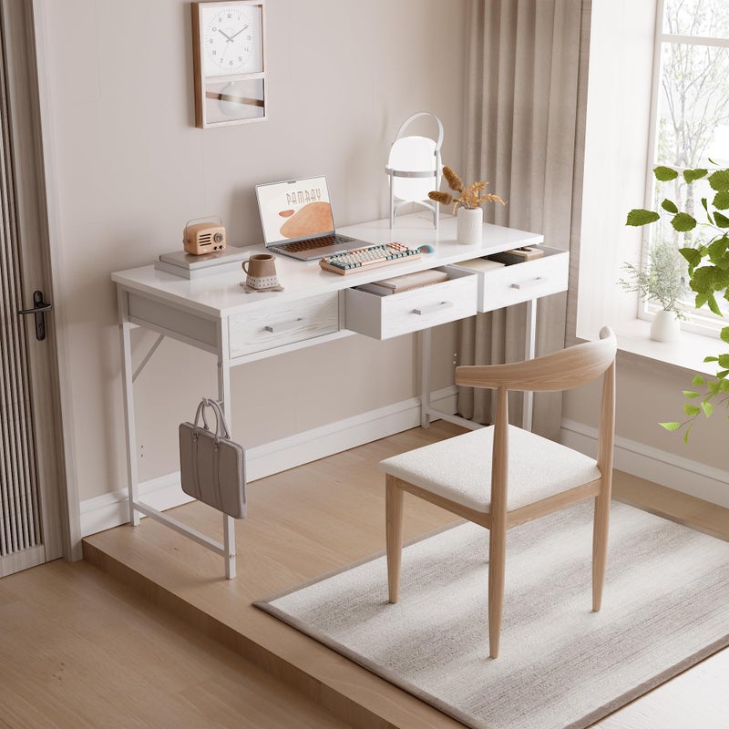 Pamray 47 Inch Small Computer Desk with 3 Drawers for Bedroom Study Writing Home Office Table for Small Spaces White - Image 2