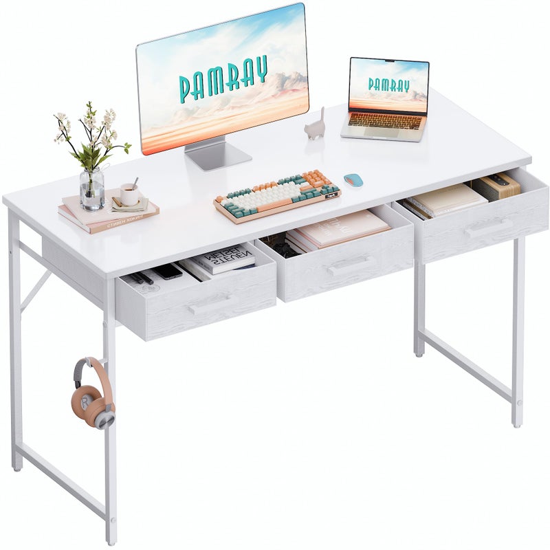 Pamray 47 Inch Small Computer Desk with 3 Drawers for Bedroom Study Writing Home Office Table for Small Spaces White - Image 1