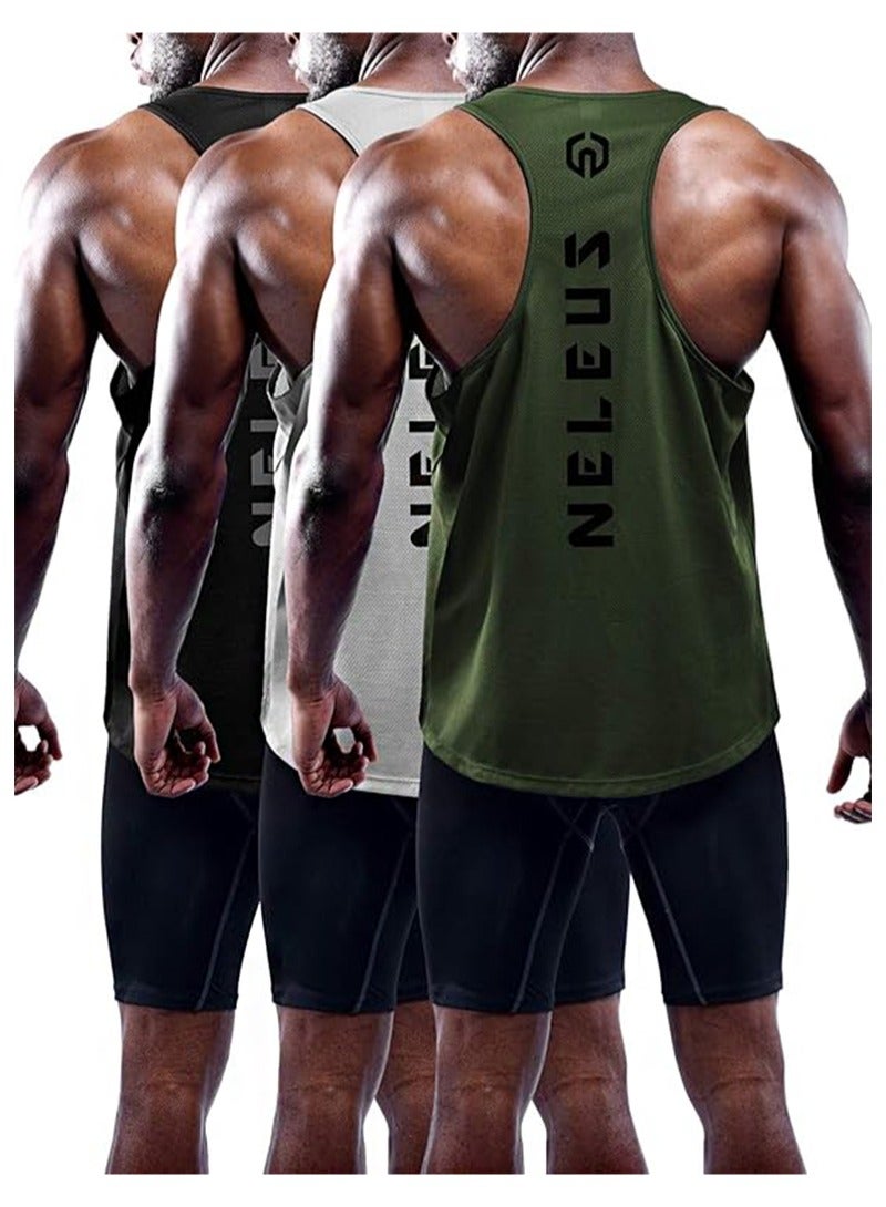 XL Men's Fitness Running Vest Sleeveless Fitness Sweatshirt, Running Shirt, Quick Dry Y-Vest (3 Pack, Black/Gray/Olive Green)