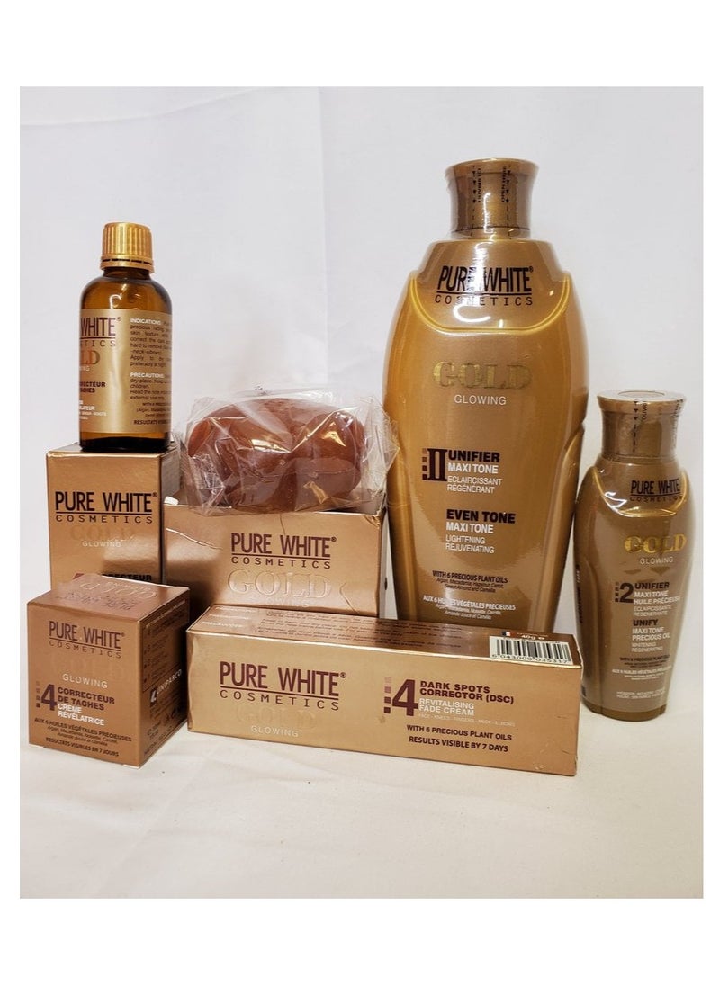 Pure White Cosmetics - Pure White Cosmetics PURE WHITE GOLD GLOWING LOTION 400 ML+OIL+FACE CREAM+SOAP ORIGINAL - Image 1