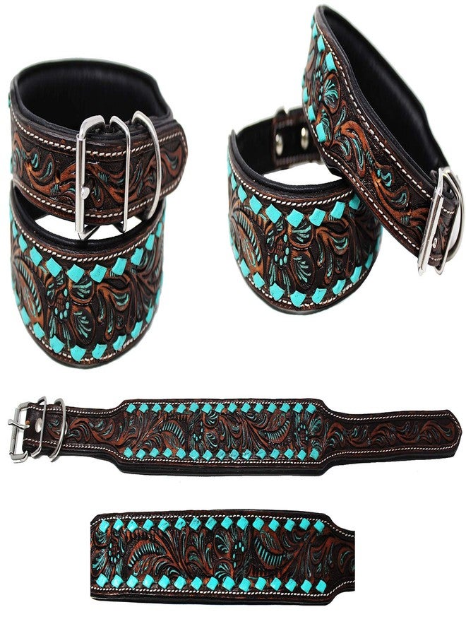 Challenger Large 21''- 25'' Challenger Padded Leather Dog Collar Tooled Turquoise Brown 60FK21 - Image 1