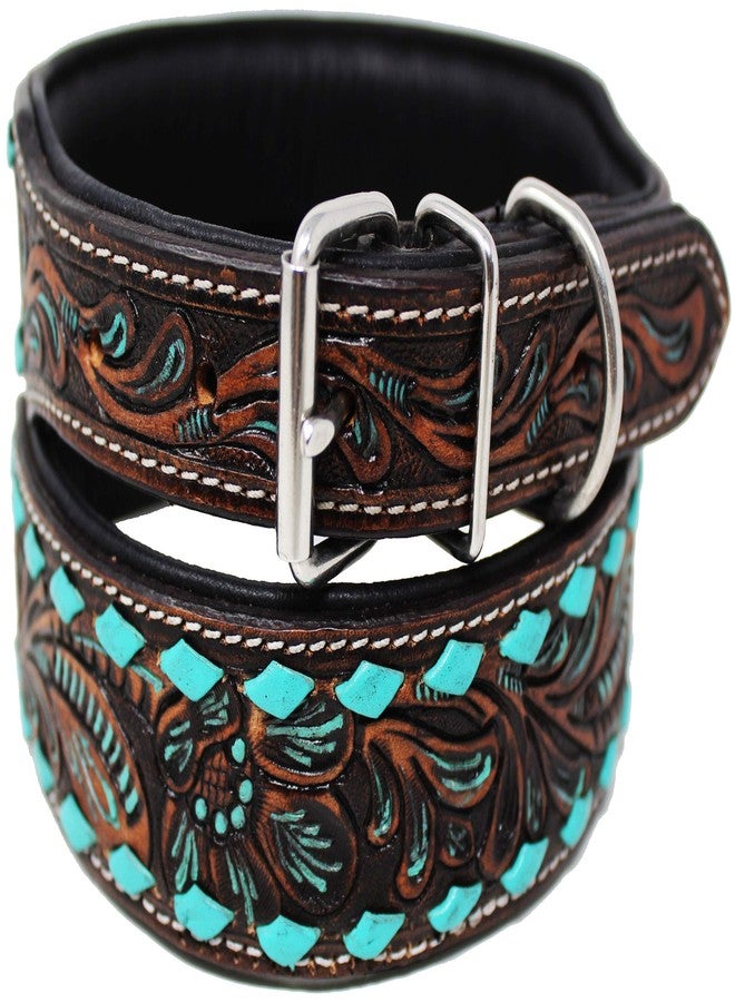 Challenger Large 21''- 25'' Challenger Padded Leather Dog Collar Tooled Turquoise Brown 60FK21 - Image 3