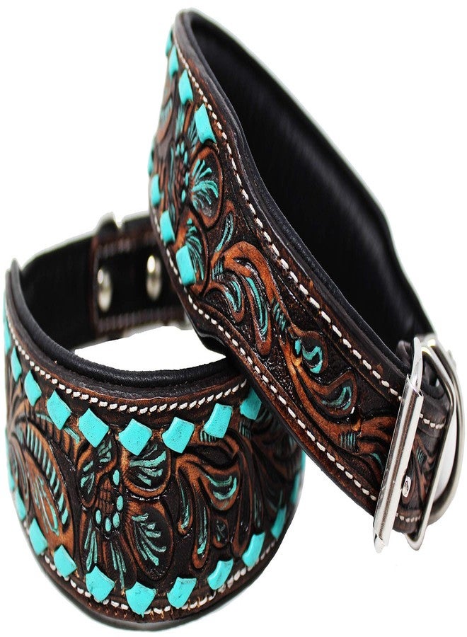 Challenger Large 21''- 25'' Challenger Padded Leather Dog Collar Tooled Turquoise Brown 60FK21 - Image 4