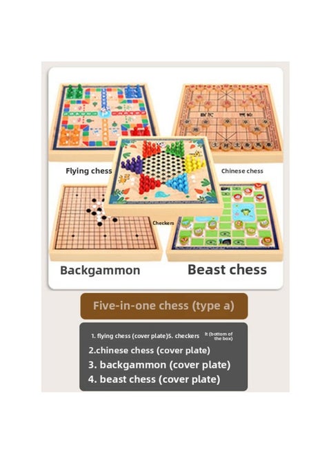 Children's Flying Chess Checkers Multi-functional One Chessboard Gobang Go Cards Colosseum Chess Combination Toys-Color:Five-in-one Model A [checkers + Backgammon + Chess + Beast Chess + Flying Chess] 30x30cm