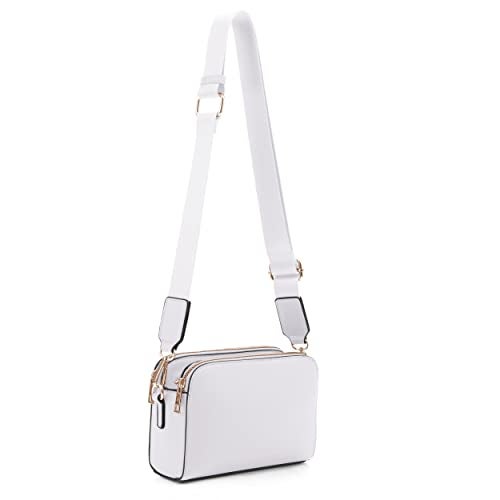 EVVE Crossbody Bags for Women Trendy Triple Zip Small Crossbody Camera Bag Purse with Wide Guitar Strap | White - Image 1