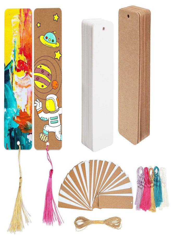 SWATOM 201 PCS Paper Blank Bookmarks to Decorate 100 Sets Cardstock DIY Bookmarks Bulk with Bookmark Making Kit, 5 Color Tassels & Twine String for Classroom Craft Projects - Image 1