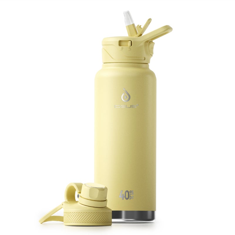 IDEUS Insulated Stainless Steel Water Bottle with 2 LeakProof Lids Thermal Water Flask for Hiking Biking 40oz Light Yellow