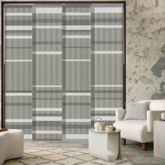 ADJUSTABLE SLIDING PANEL TRACK BLINDS FOR DOORS 458 86 W X 96 H EXTENDABLE VERTICAL BLINDS FOR SLIDING GLASS DOORS TRIMMABLE NATURAL WOVEN FABRIC VERTICAL SHADES DUSTY MILLER