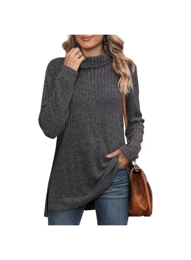 general Women's loose high-neck slit ribbed solid color T-shirt for autumn and winter 2025-2026 - Image 1