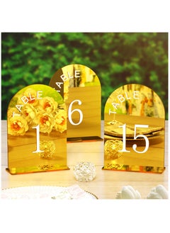 15 Pcs Gold Mirror Arch Wedding Table Numbers 1-15 with Stands, 5x7 Inch Table Number Signs for Reception, Event, Party, Restaurant - Elegant, Durable Display Stand for Guest Seating Arrangement
