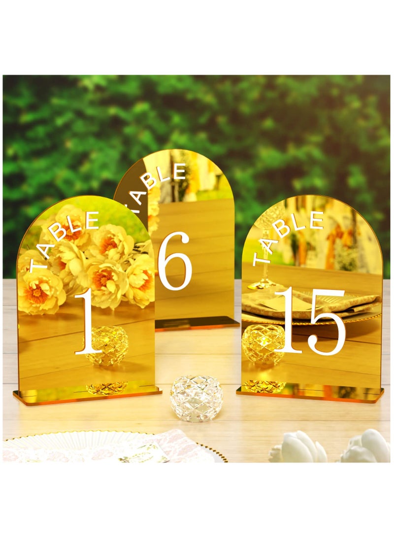 SYOSI - 15 Pcs Gold Mirror Arch Wedding Table Numbers 1-15 with Stands, 5x7 Inch Table Number Signs for Reception, Event, Party, Restaurant - Elegant, Durable Display Stand for Guest Seating Arrangement - Image 1
