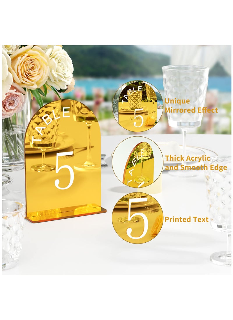 SYOSI - 15 Pcs Gold Mirror Arch Wedding Table Numbers 1-15 with Stands, 5x7 Inch Table Number Signs for Reception, Event, Party, Restaurant - Elegant, Durable Display Stand for Guest Seating Arrangement - Image 1