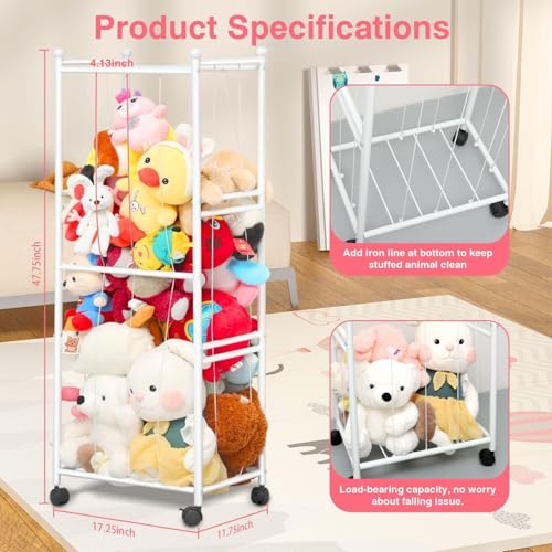 OGFC 72101 Metal Tube Stuffed Animal Storage, Plush Toy Storage Organizer Shlf, Extra Large Stuffed Animal Holder Wheels, Soft Toys, Storage for Nursery Playroom Kids Room, White - Image 2