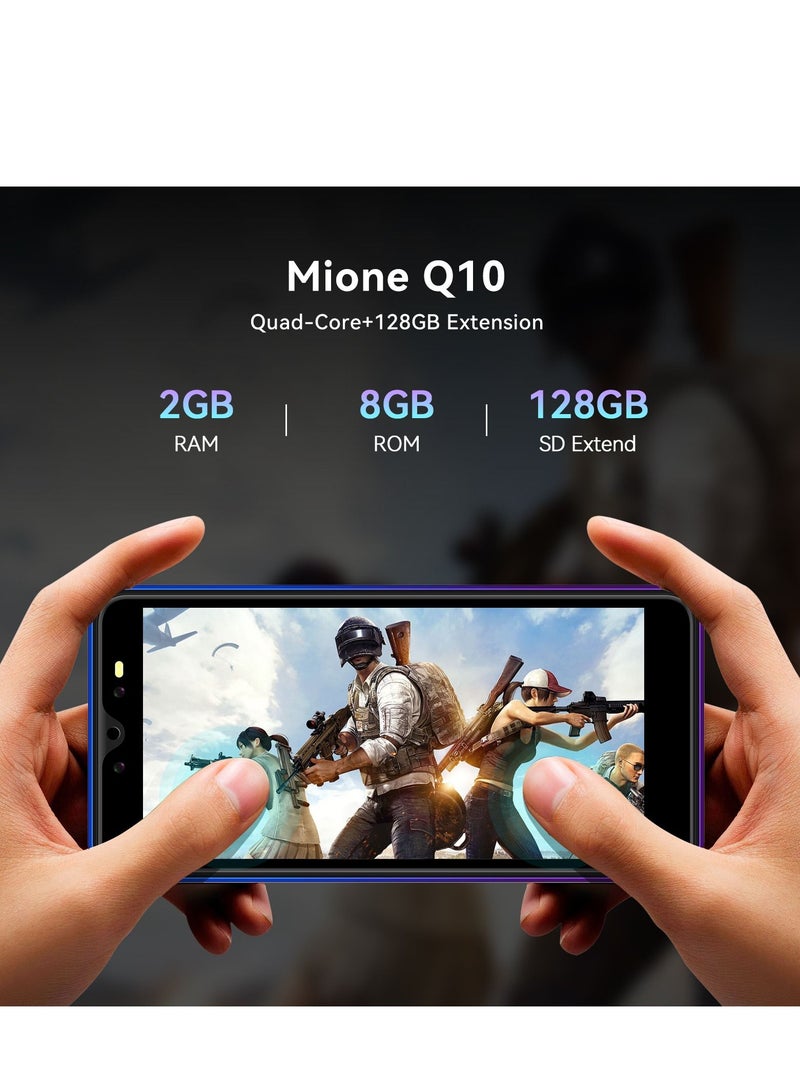هاتف Mione Q10 المحمول، هاتف ذكي مفتوح بنظام أندرويد عالي الدقة مقاس 5.5 بوصة، ثنائي الشريحة، 2 جيجا بايت رام + 8 جيجا بايت روم، هاتف محمول رباعي النواة، كاميرا واضحة بدقة 2 ميجا بكسل + 5 ميجا بكسل