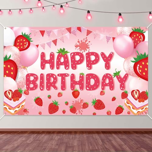 PEUTIER Strawberry Birthday Banner Happy Birthday Party Decorations Colorful Backdrop Happy Birthday Yard Sign Background Indoor Outdoor Birthday Party Supplies for Boys Kids Girls - Image 1