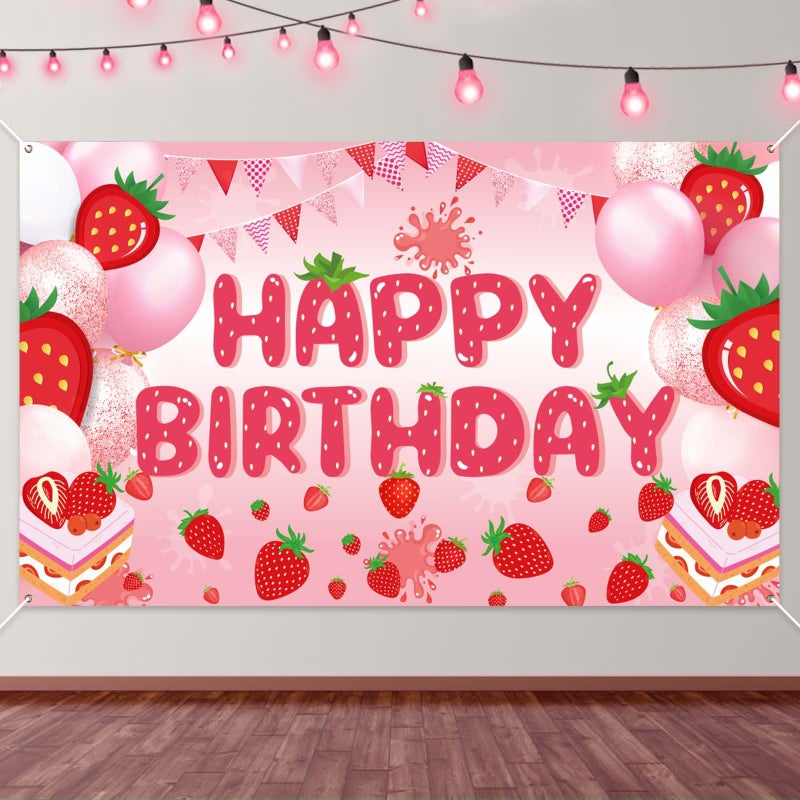 PEUTIER Strawberry Birthday Banner Happy Birthday Party Decorations Colorful Backdrop Happy Birthday Yard Sign Background Indoor Outdoor Birthday Party Supplies for Boys Kids Girls - Image 2