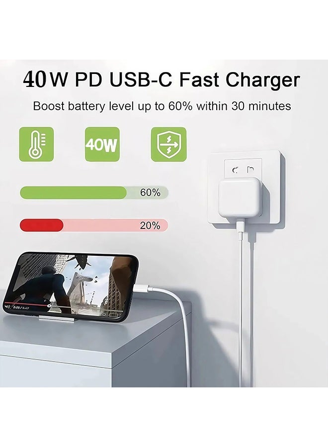 إم إكس إن شاحن ثنائي المنافذ بقوة 40 واط لأجهزة آيفون - شاحن جداري سريع USB-C، مزود بمنفذي A وC، وكابل شحن ثنائي الاتجاه من النوع C بطول مترين، مناسب للأجهزة التي تعمل بنظام آيفون 15 أو أحدث (أبيض). - Image 2