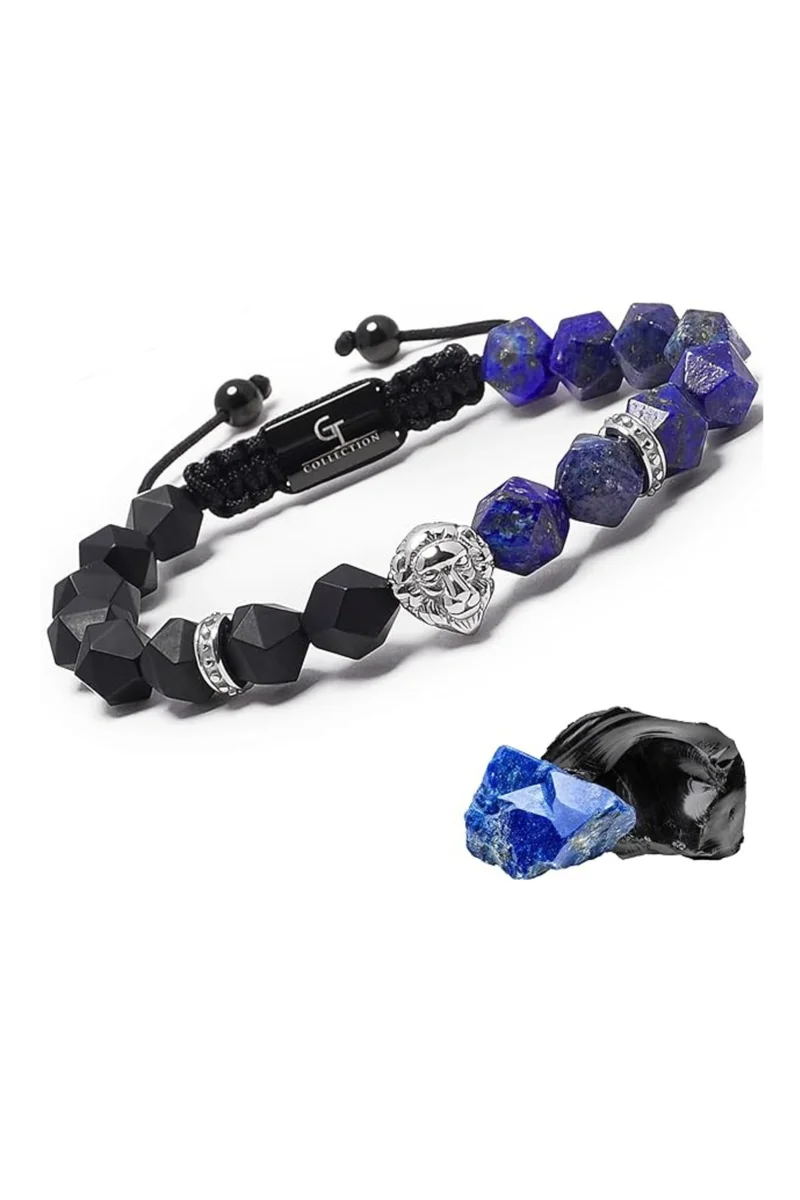 Lunnora Lapis and Onyx Beads Handmade Natural Stone Bead Bracelet – Bracelet for Men, Men’s Bracelet, Gifts for Men, Bracelets for Men – With Silver Lion Head, Adjustable One Size Fits All