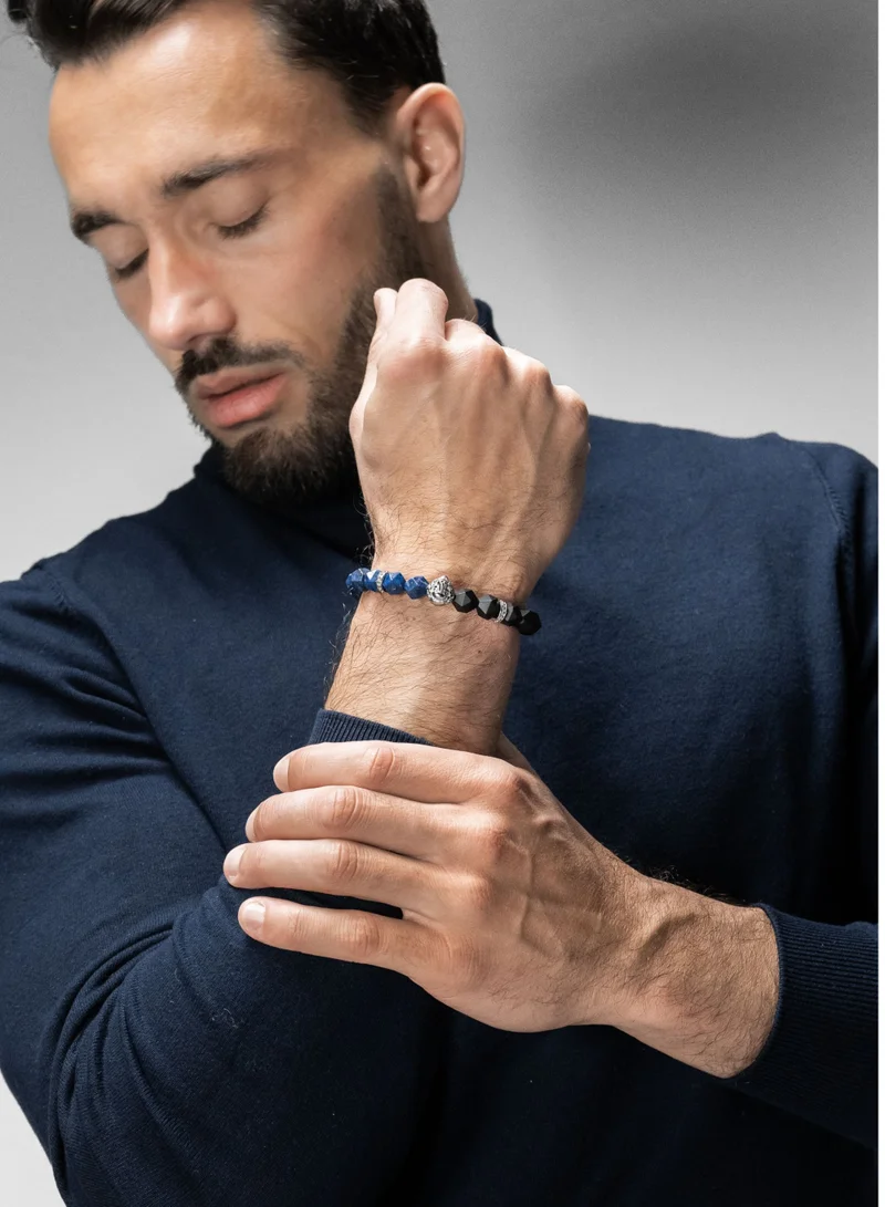 Lunnora Lapis and Onyx Beads Handmade Natural Stone Bead Bracelet – Bracelet for Men, Men’s Bracelet, Gifts for Men, Bracelets for Men – With Silver Lion Head, Adjustable One Size Fits All