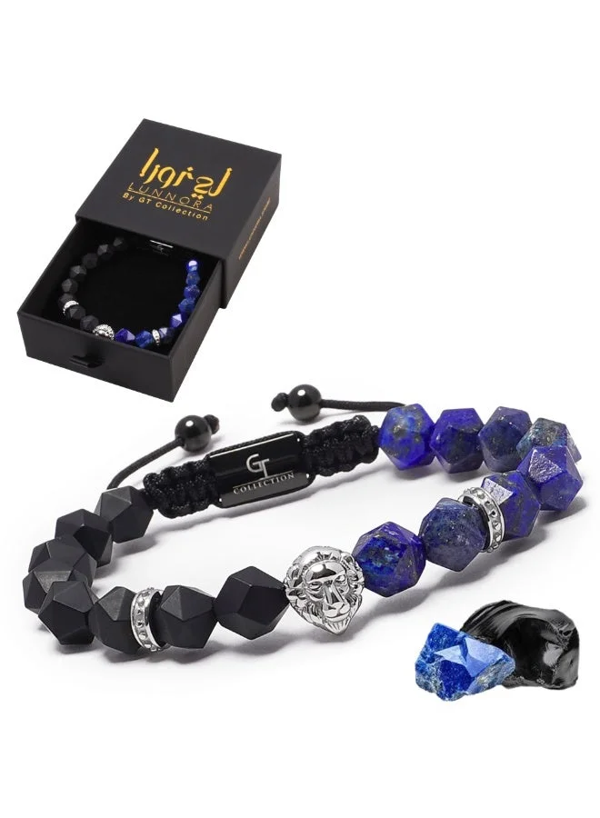 لونورا خرز اللازورد والعقيق الأسود سوار خرز من الحجر الطبيعي مصنوع يدويًا – سوار للرجال، سوار رجالي، هدية للرجال، أساور للرجال – مع رأس أسد فضي، قابل للتعديل بمقاس واحد للجميع