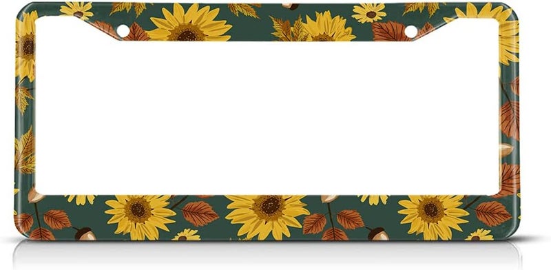 Beabes Vintage Sunflowers License Plate Frame Retro Fall Flowers License Plate Holder Maple Leaves Car Tag Frame License Plate Cover Car Accessories 2 Holes Novelty Auto Car Tag Vanity Gift - Image 1