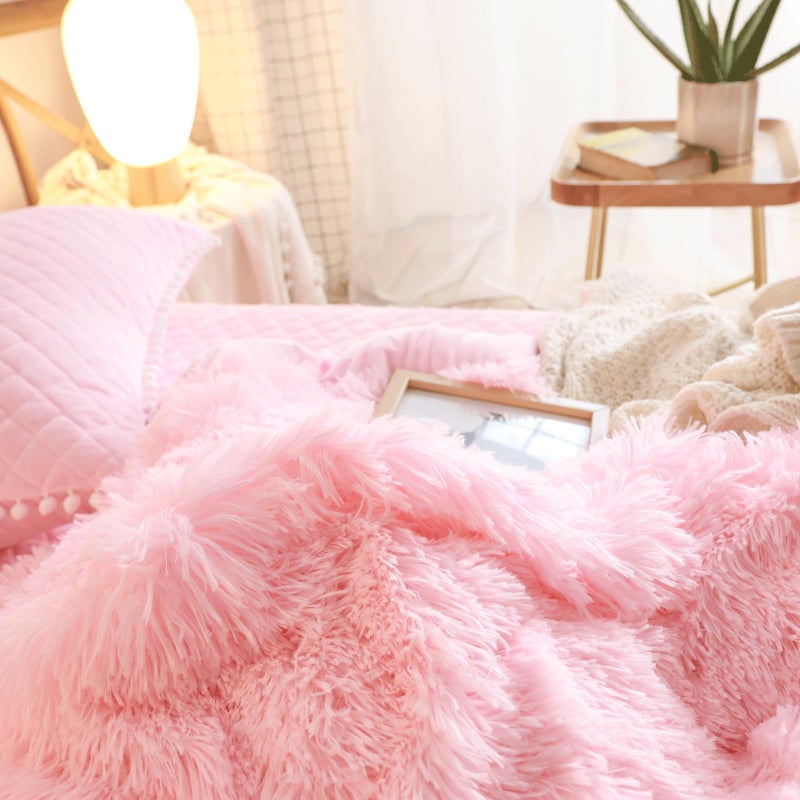 HAIHUA Pink Fluffy Comforter Setï¼Œ Fluffy Plush Shaggy Duvet Cover 1 Pieces Set (1 Faux Fur Duvet Cover) Velvet Pink Bedding Twin Bed Set,Zipper Closure (Pink, Twin) - Image 5