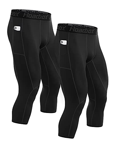 Roadbox Mens 34 Compression Pants with Pockets Running Workout Baseketball Base Layer Legging Tights - Image 1