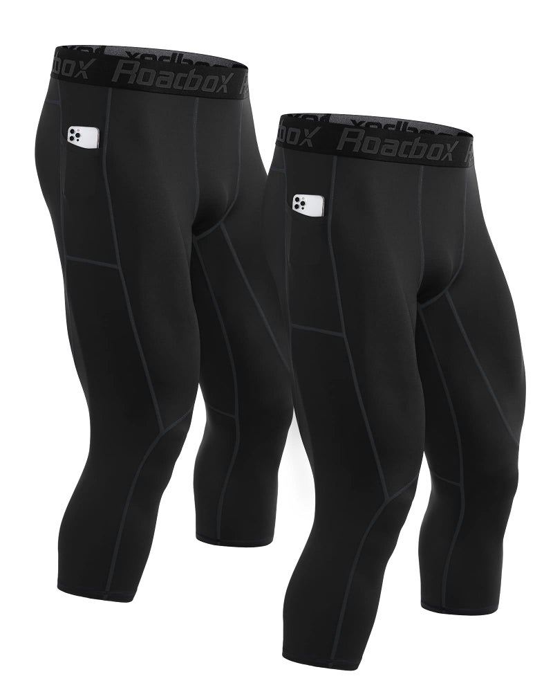 Roadbox Mens 34 Compression Pants with Pockets Running Workout Baseketball Base Layer Legging Tights - Image 2