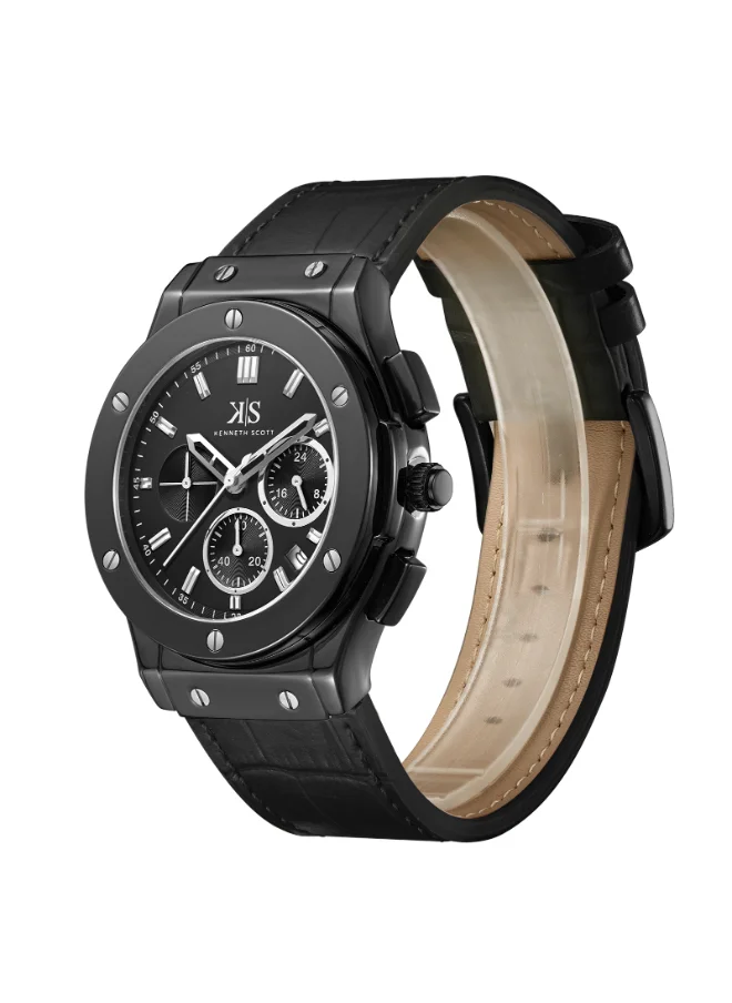 KENNETH SCOTT Men's Watch, Mult Function Display and Leather Strap - K24115-BLBB, Black