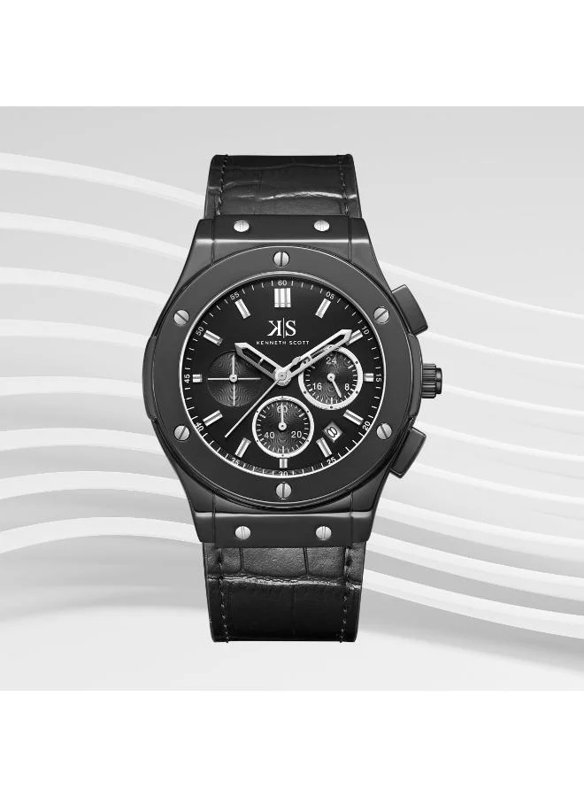 KENNETH SCOTT Black Men's Leather Multi Function Watch K24115-BLBB - 44 mm for Men | Best Price UAE